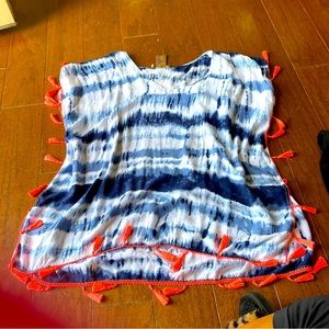 C&T Blue White Tye Dye Print Tassels Pool Lake beach Swim cover up size Small